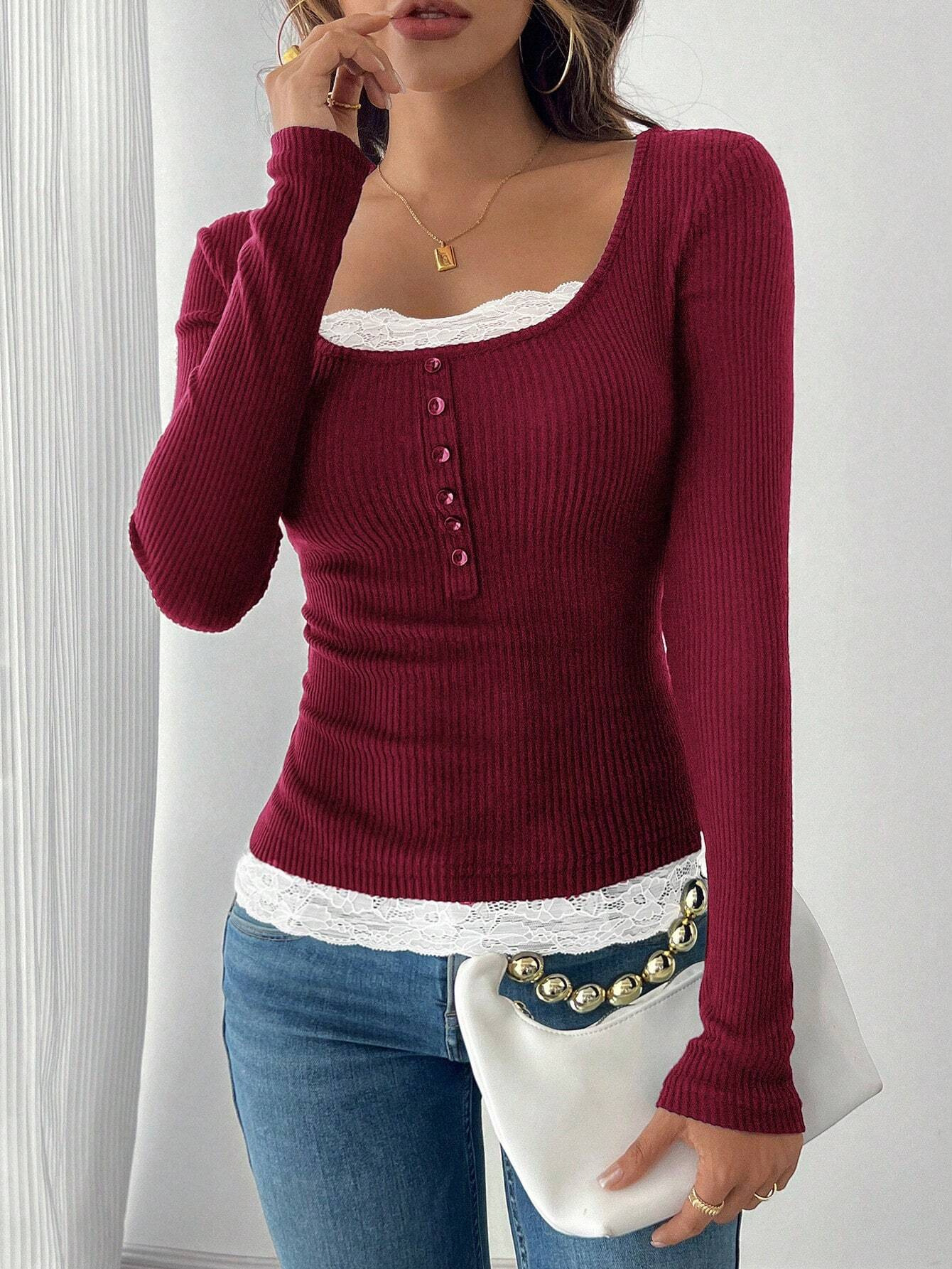 Women's Square Neck Lace Patchwork Slim Fit Long Sleeve Top