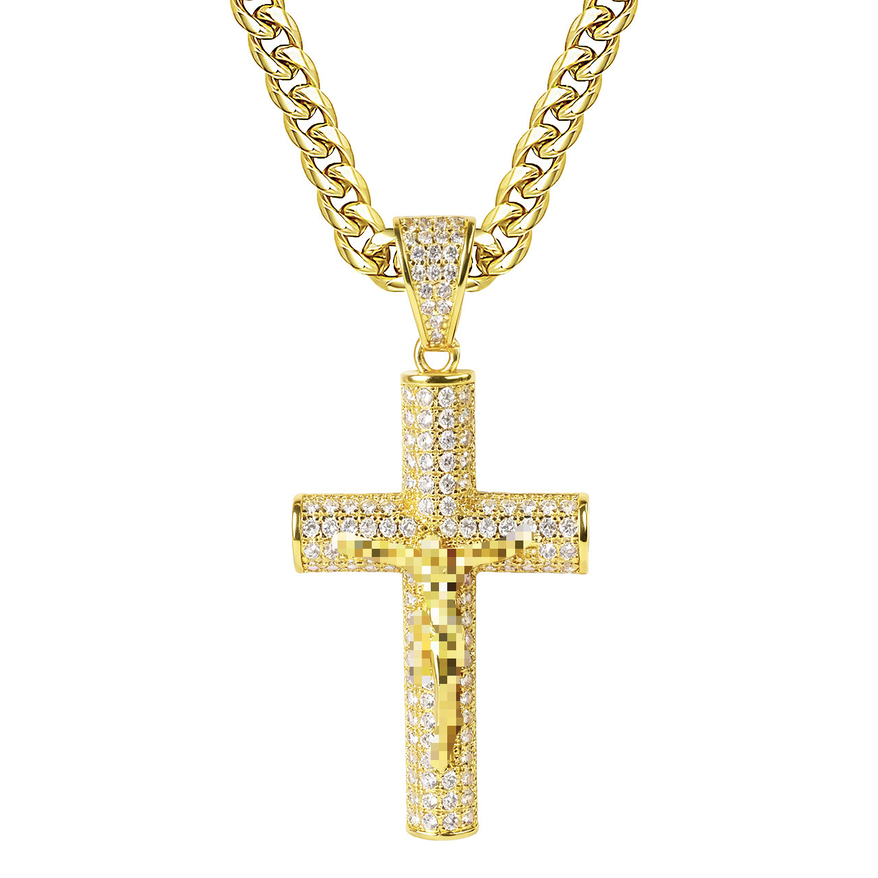 Men's Titanium Steel Cross Pendant Cuban Chain Necklace with Full Diamond Pav� Gold Plated