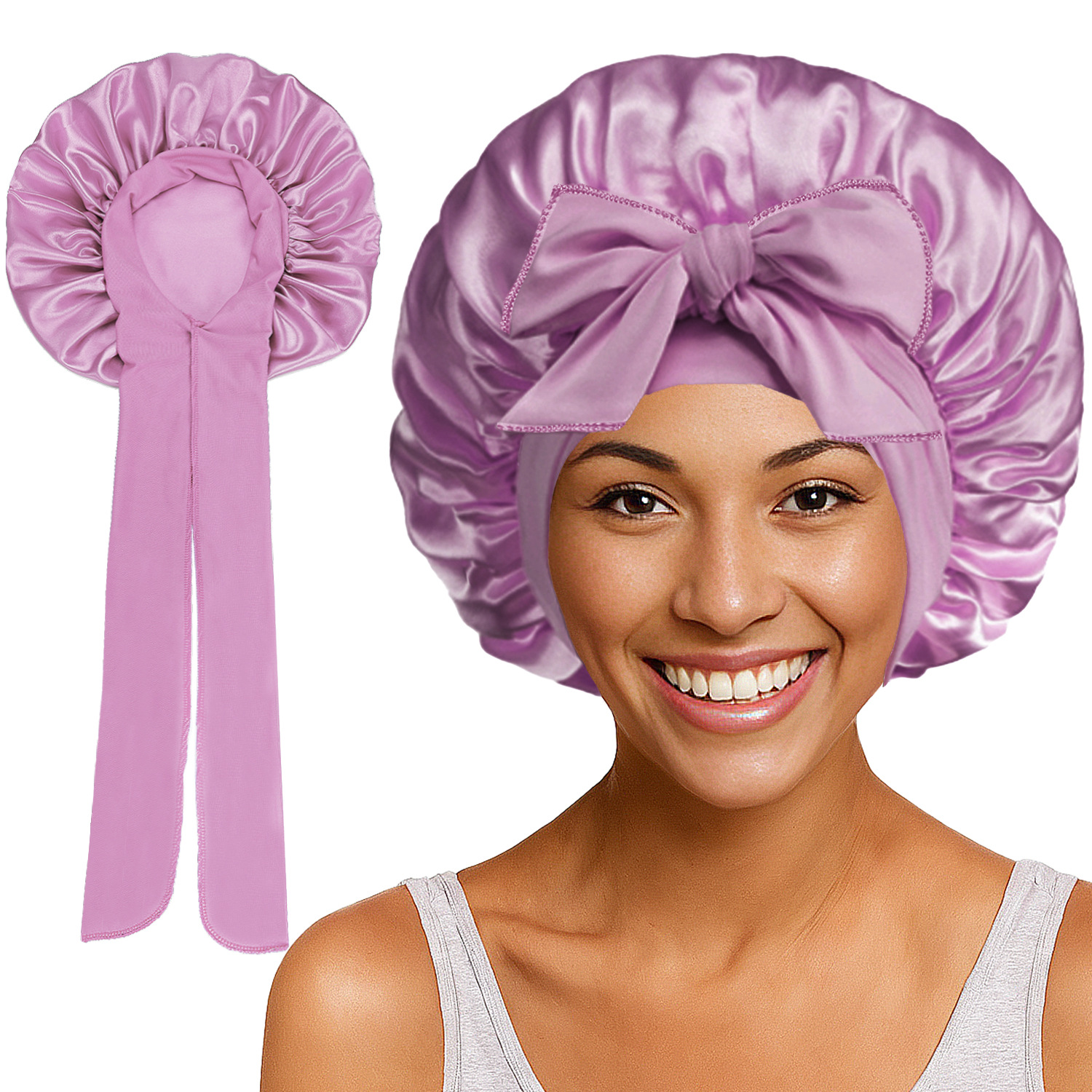 Elastic Satin Round Wide-Brimmed Headscarf Hat Solid Color Artificial Silk Nightcap