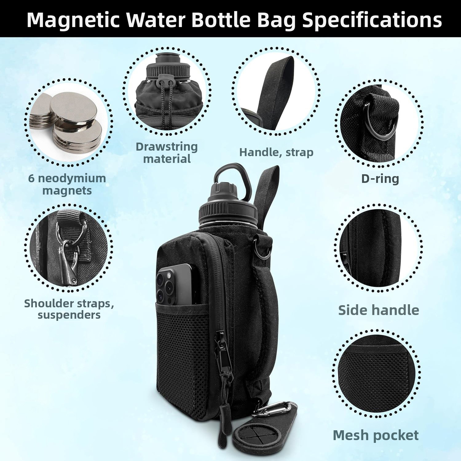 Magnetic Single-Shoulder Sports Gym Bag Water Bottle Holder Phone Pouch