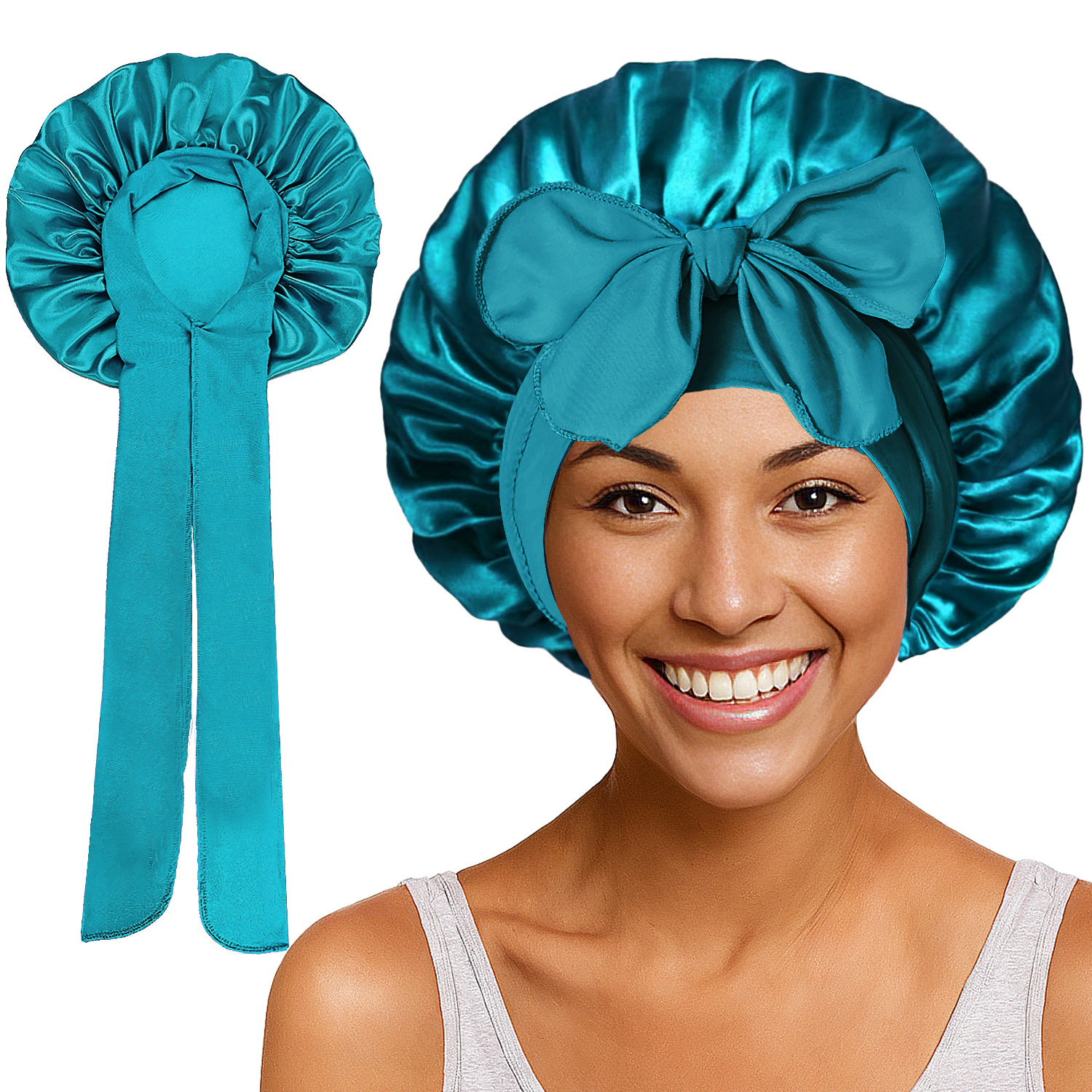 Elastic Satin Round Wide-Brimmed Headscarf Hat Solid Color Artificial Silk Nightcap