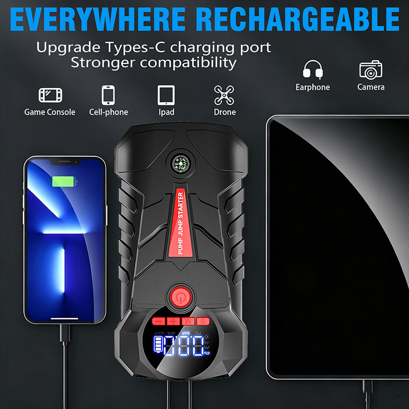 4-in-1 Car Jump Starter with Tire Inflator Digital Display 6000mAh Portable Power Bank
