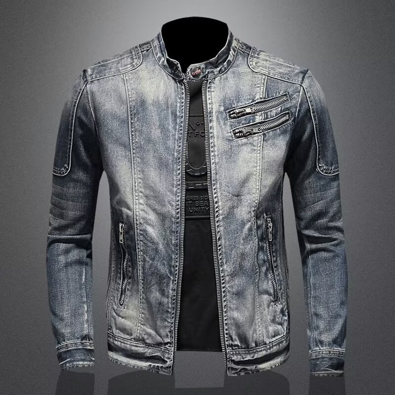 Men's Retro Solid Color Stand Collar Denim Jacket Casual Long Sleeve Outerwear
