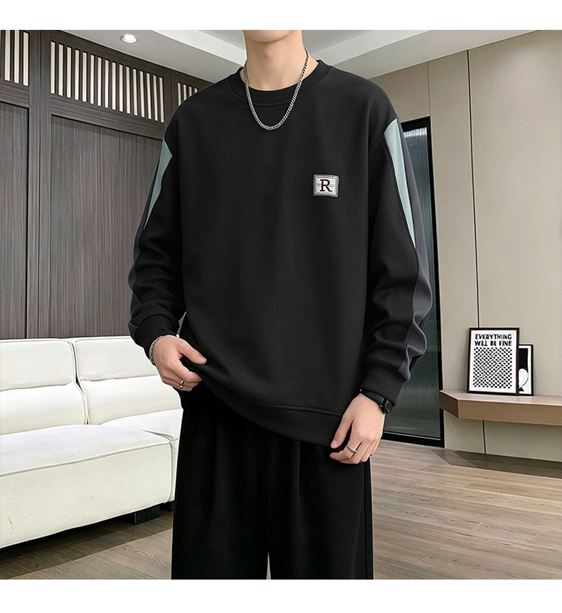 Men's Casual Patchwork Letter Embroidery Round Neck Loose Pullover Sweatshirt