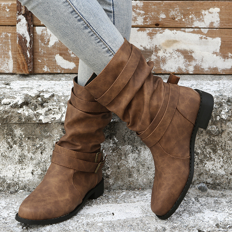 Womens Round Toe Flat Heel Sheepskin Mid Calf Boots