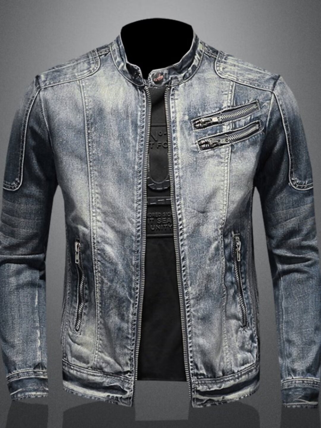 Men's Retro Solid Color Stand Collar Denim Jacket Casual Long Sleeve Outerwear