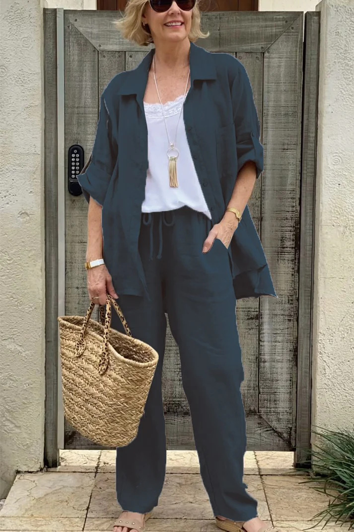 Women's Linen Blend Long Sleeve Shirt Trousers Suit