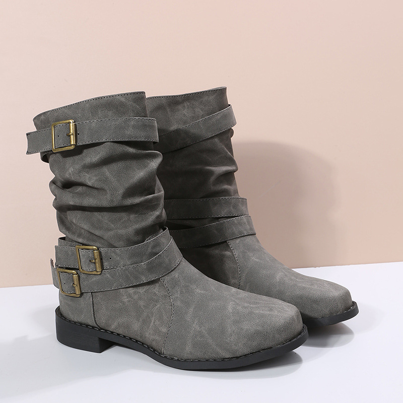 Womens Round Toe Flat Heel Sheepskin Mid Calf Boots