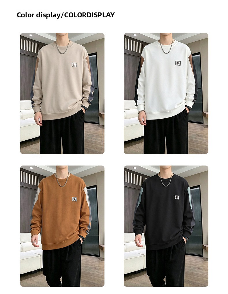 Men's Casual Patchwork Letter Embroidery Round Neck Loose Pullover Sweatshirt