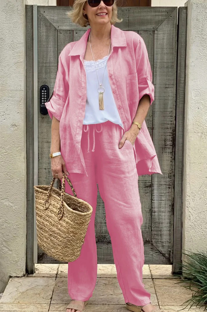 Women's Linen Blend Long Sleeve Shirt Trousers Suit