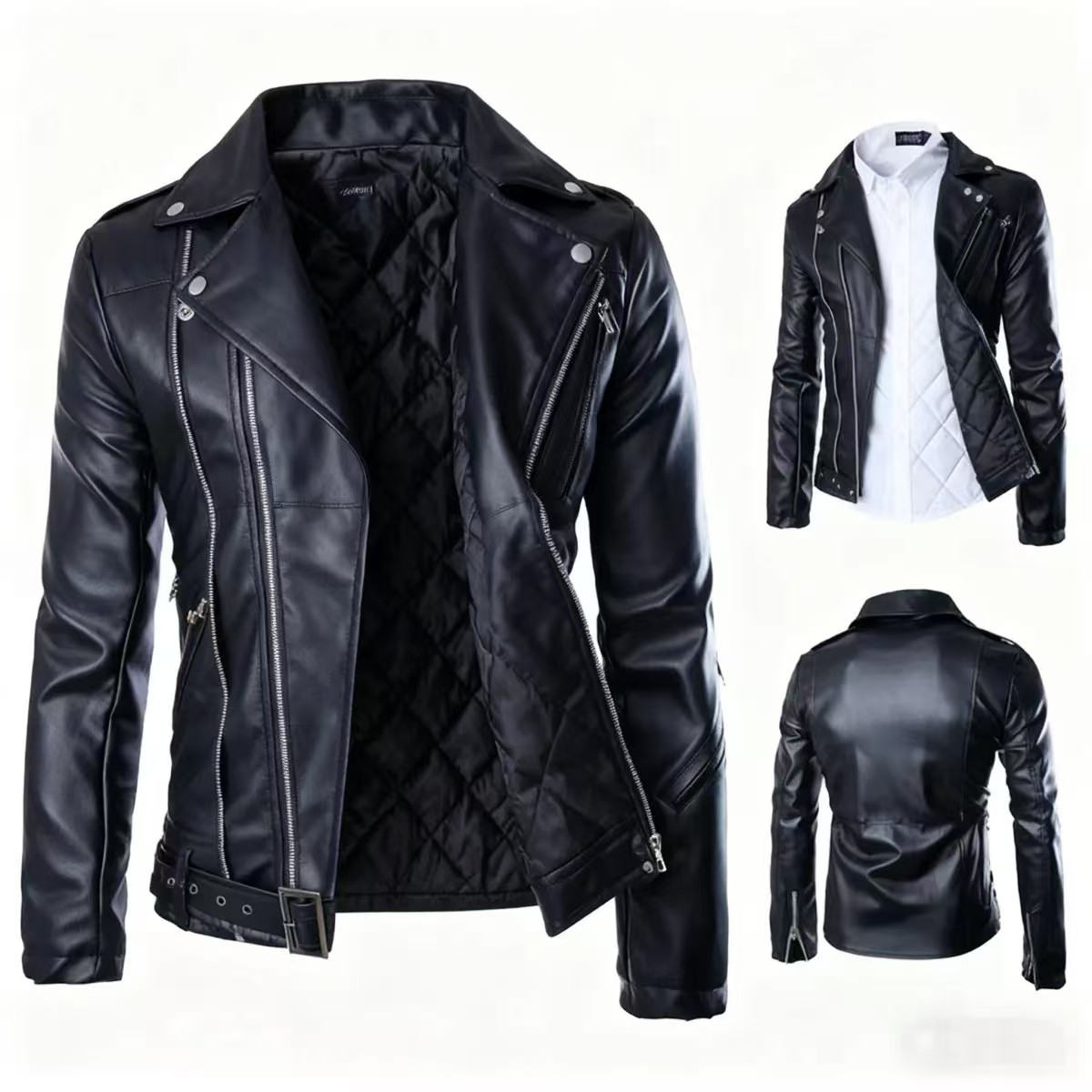 Men's leather jacket with water-washed finish, motorcycle-style men's leather jacket