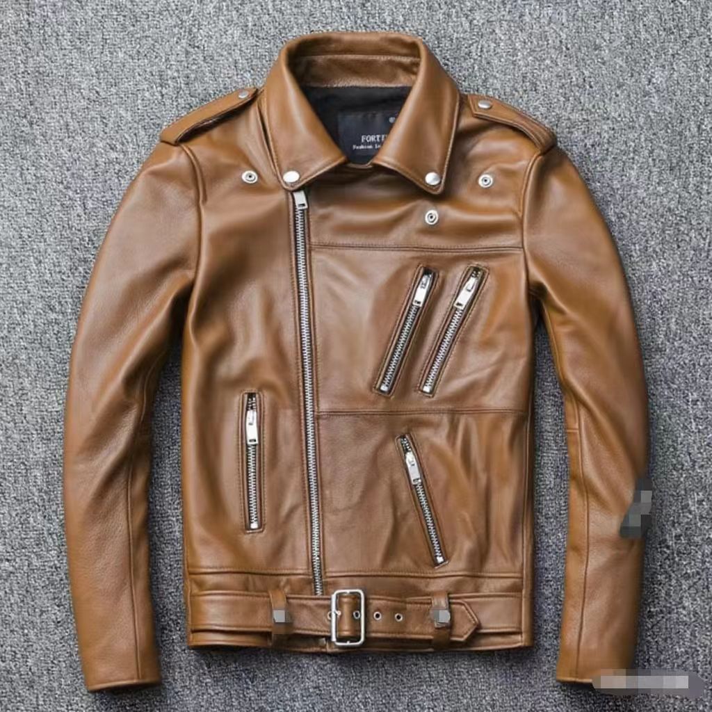 Men's leather jacket with water-washed finish, motorcycle-style men's leather jacket