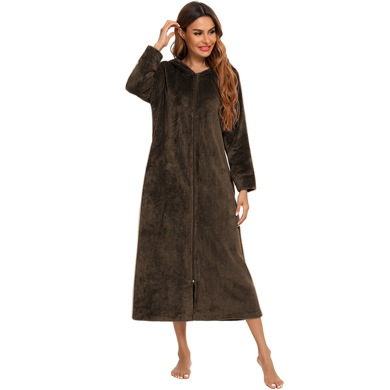 Flannel Pajamas New Long-Sleeved Zipper Nightgown Home Clothes