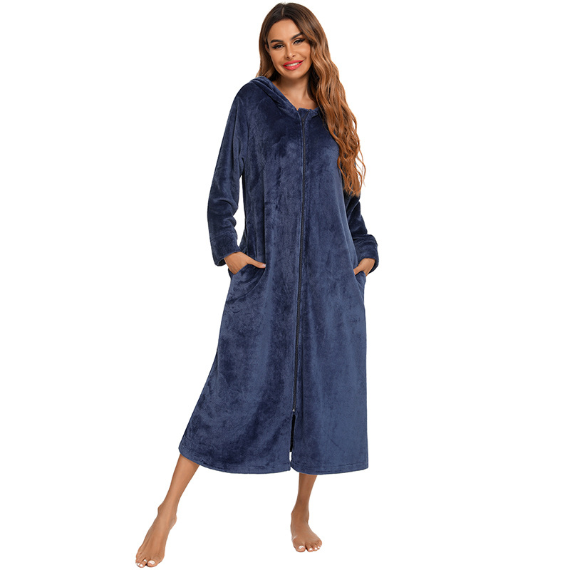 Flannel Pajamas New Long-Sleeved Zipper Nightgown Home Clothes