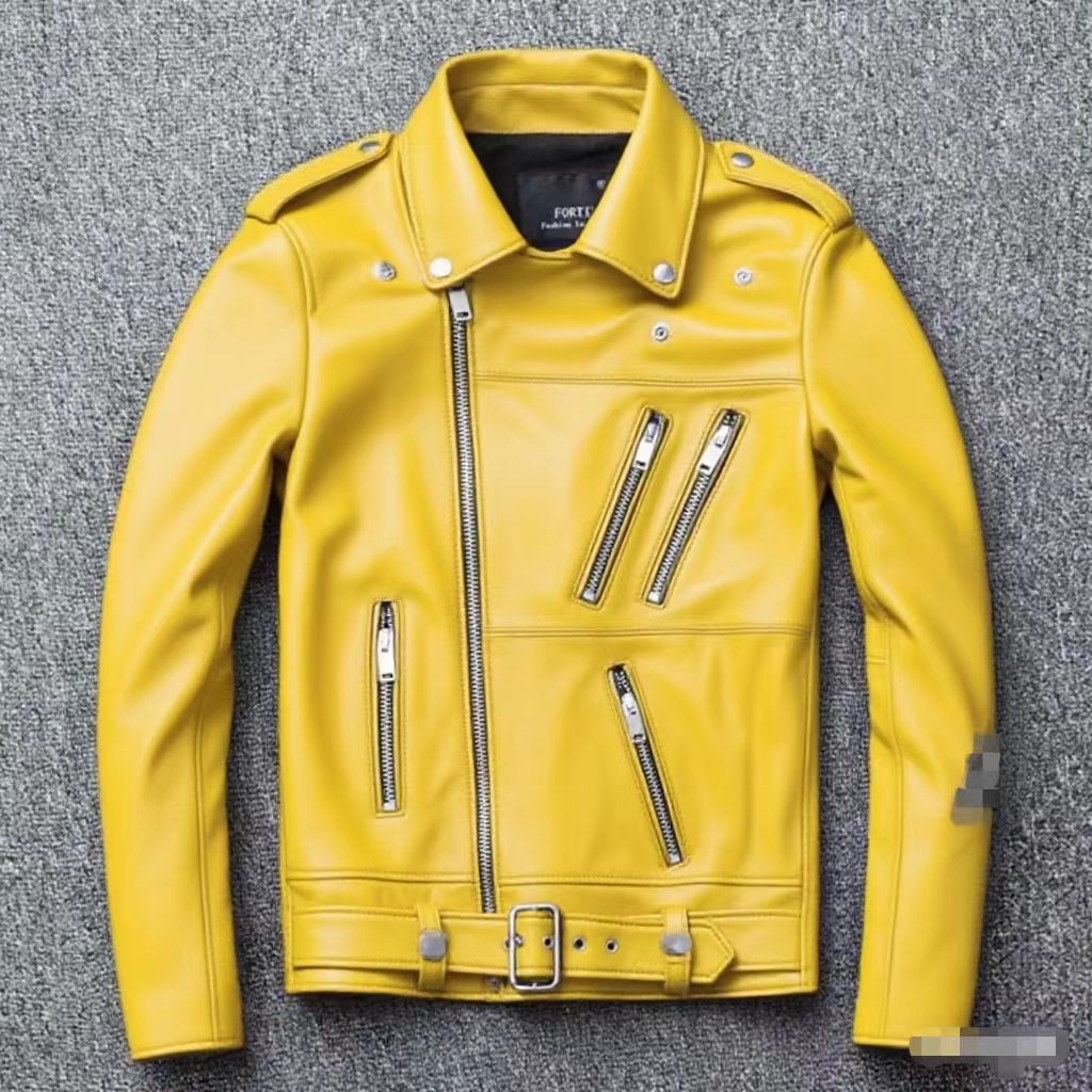 Men's leather jacket with water-washed finish, motorcycle-style men's leather jacket