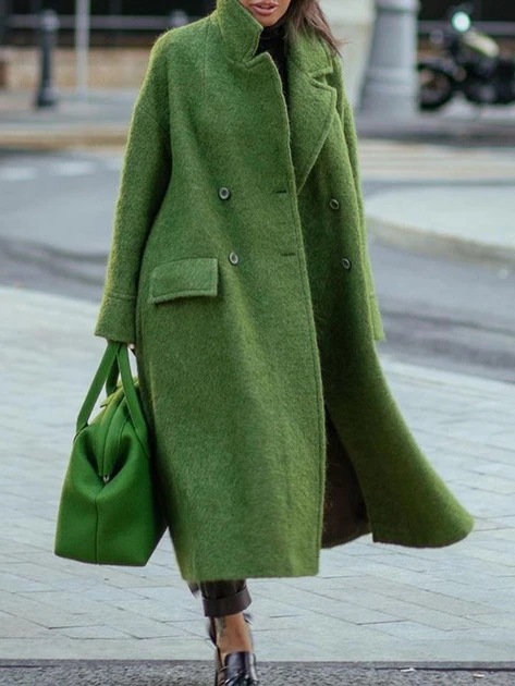 European and American Long Woolen Coat for Autumn and Winter Solid Color Elegant Commuter Wool Green Coat with Belt-Free Lapel
