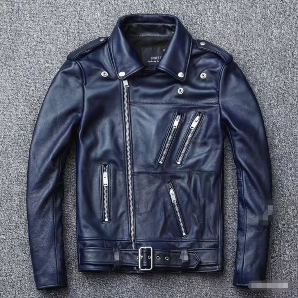 Men's leather jacket with water-washed finish, motorcycle-style men's leather jacket