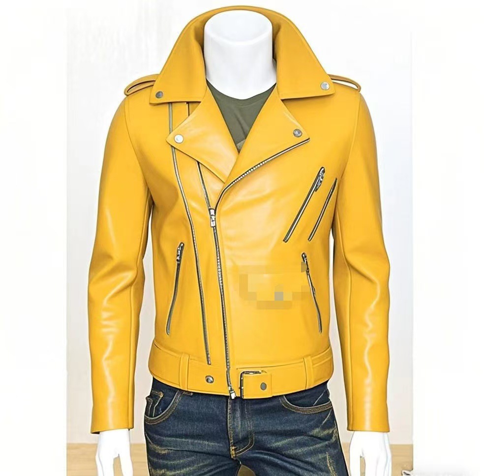 Men's leather jacket with water-washed finish, motorcycle-style men's leather jacket