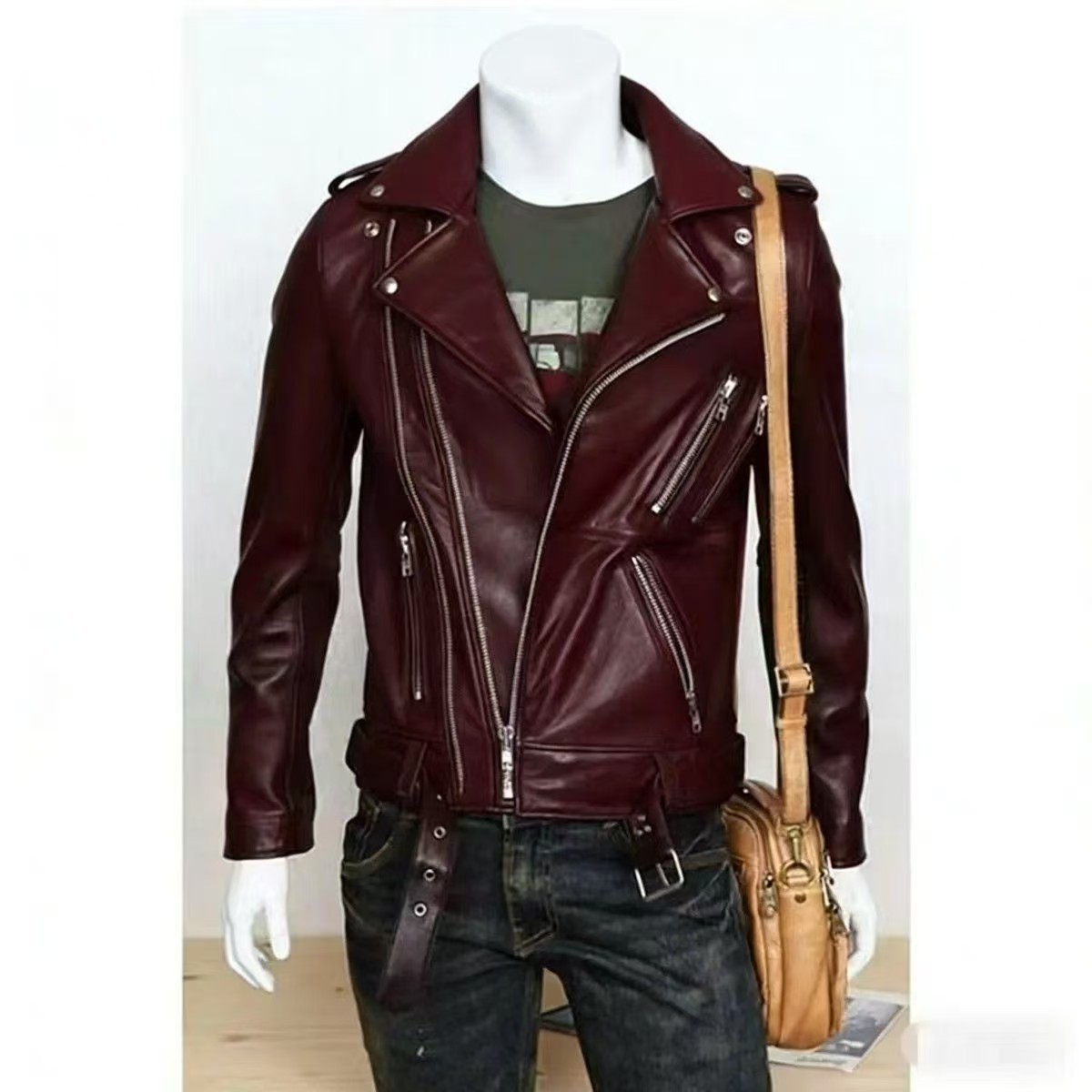 Men's leather jacket with water-washed finish, motorcycle-style men's leather jacket