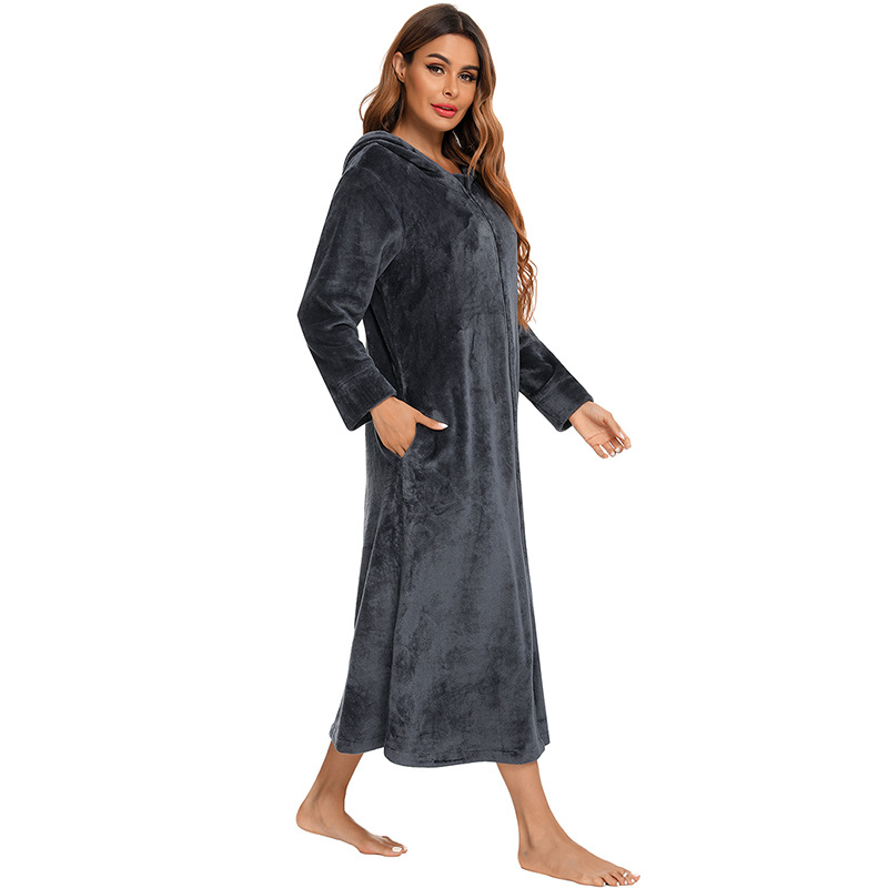 Flannel Pajamas New Long-Sleeved Zipper Nightgown Home Clothes