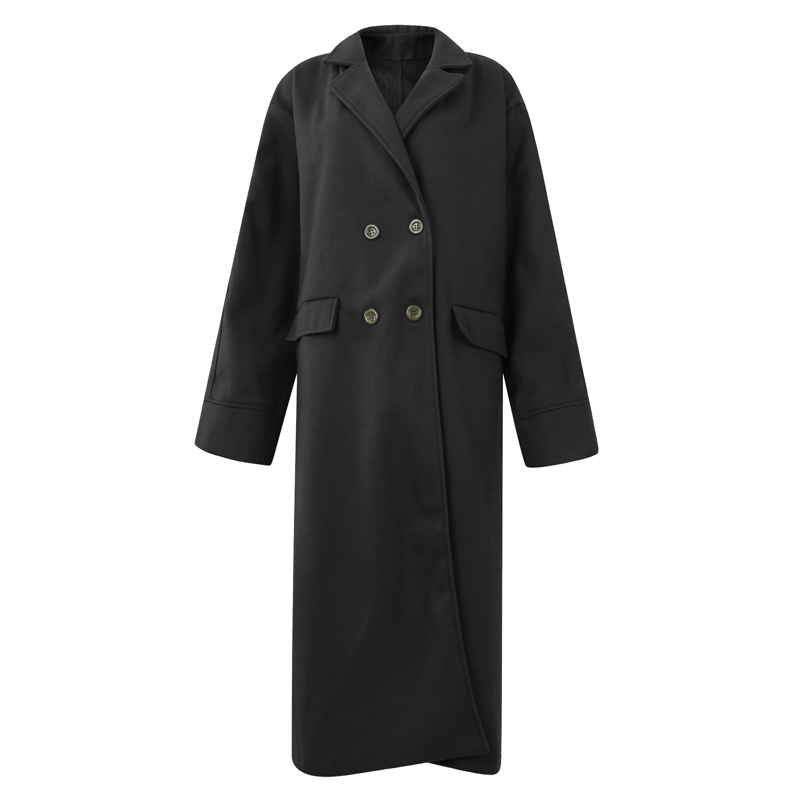 European and American Long Woolen Coat for Autumn and Winter Solid Color Elegant Commuter Wool Green Coat with Belt-Free Lapel