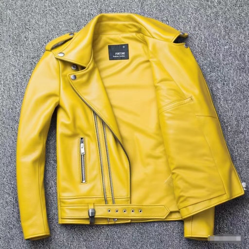 Men's leather jacket with water-washed finish, motorcycle-style men's leather jacket