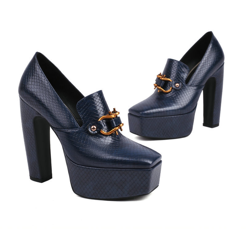 High Heels, Snake Print Square Toe, Thick Sole, Chunky Heel Women's Shoes