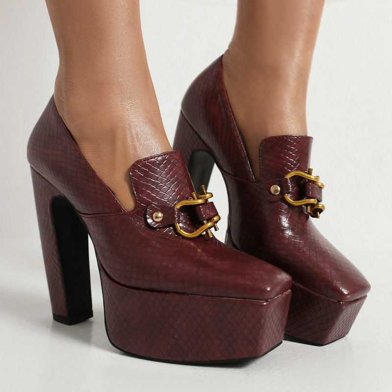 High Heels, Snake Print Square Toe, Thick Sole, Chunky Heel Women's Shoes