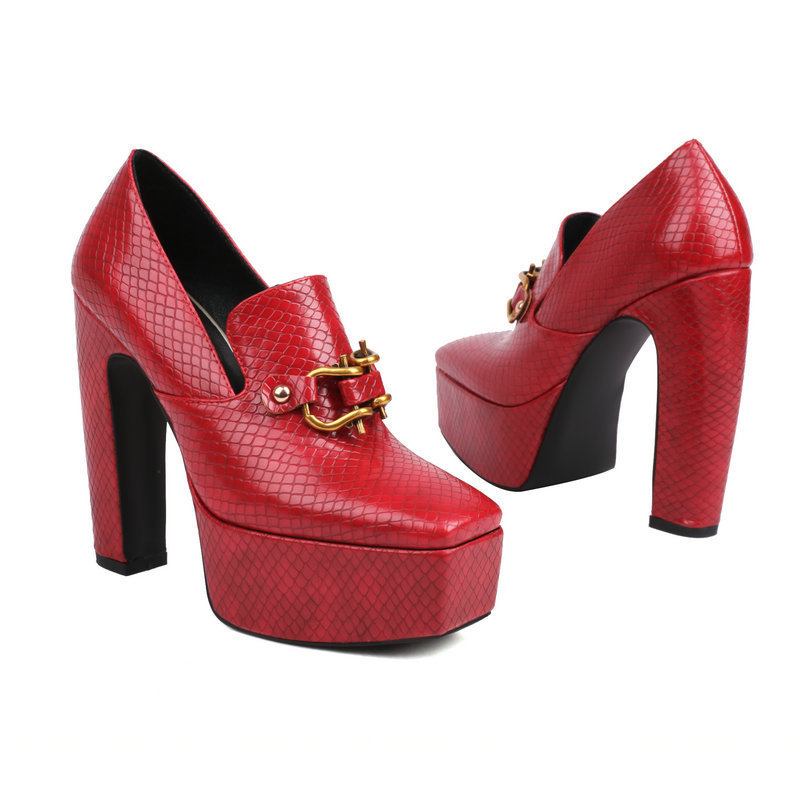 High Heels, Snake Print Square Toe, Thick Sole, Chunky Heel Women's Shoes