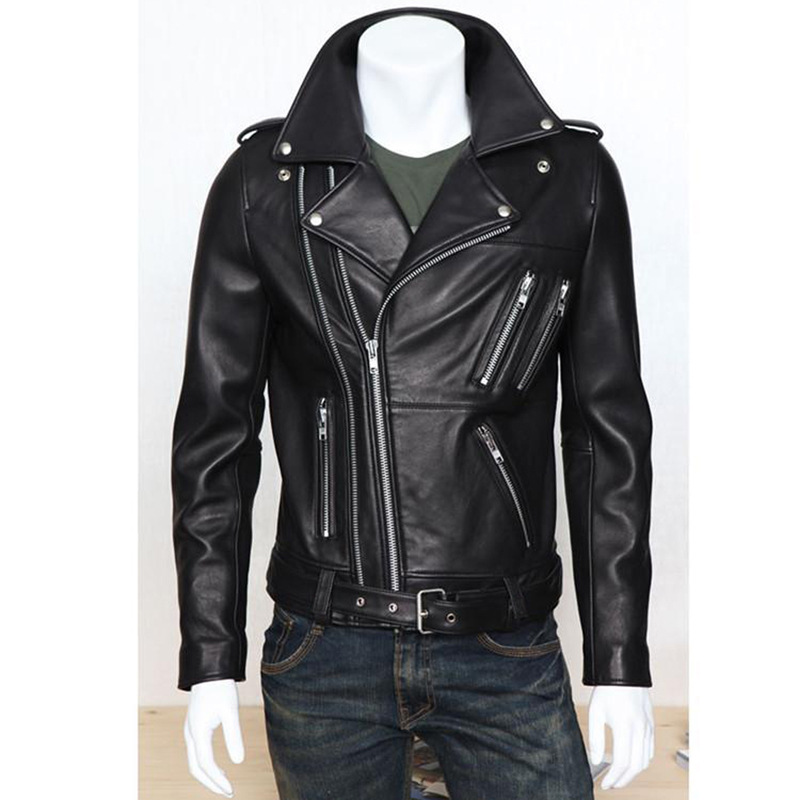 Men's leather jacket with water-washed finish, motorcycle-style men's leather jacket