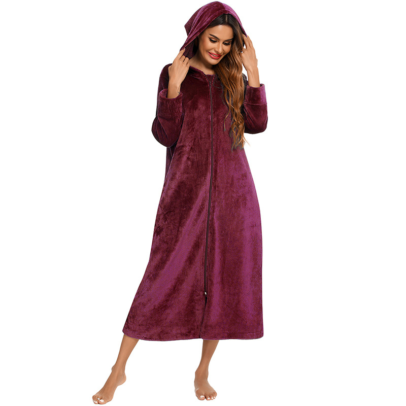 Flannel Pajamas New Long-Sleeved Zipper Nightgown Home Clothes