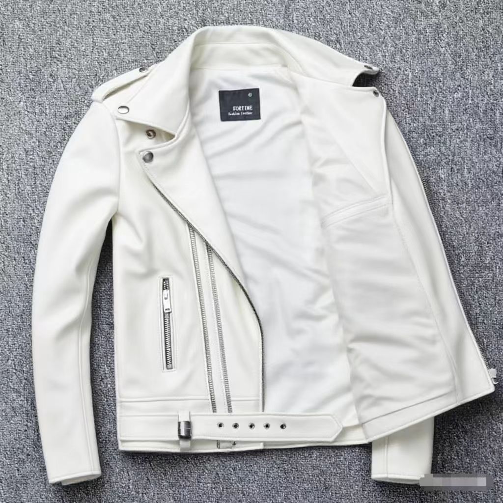 Men's leather jacket with water-washed finish, motorcycle-style men's leather jacket