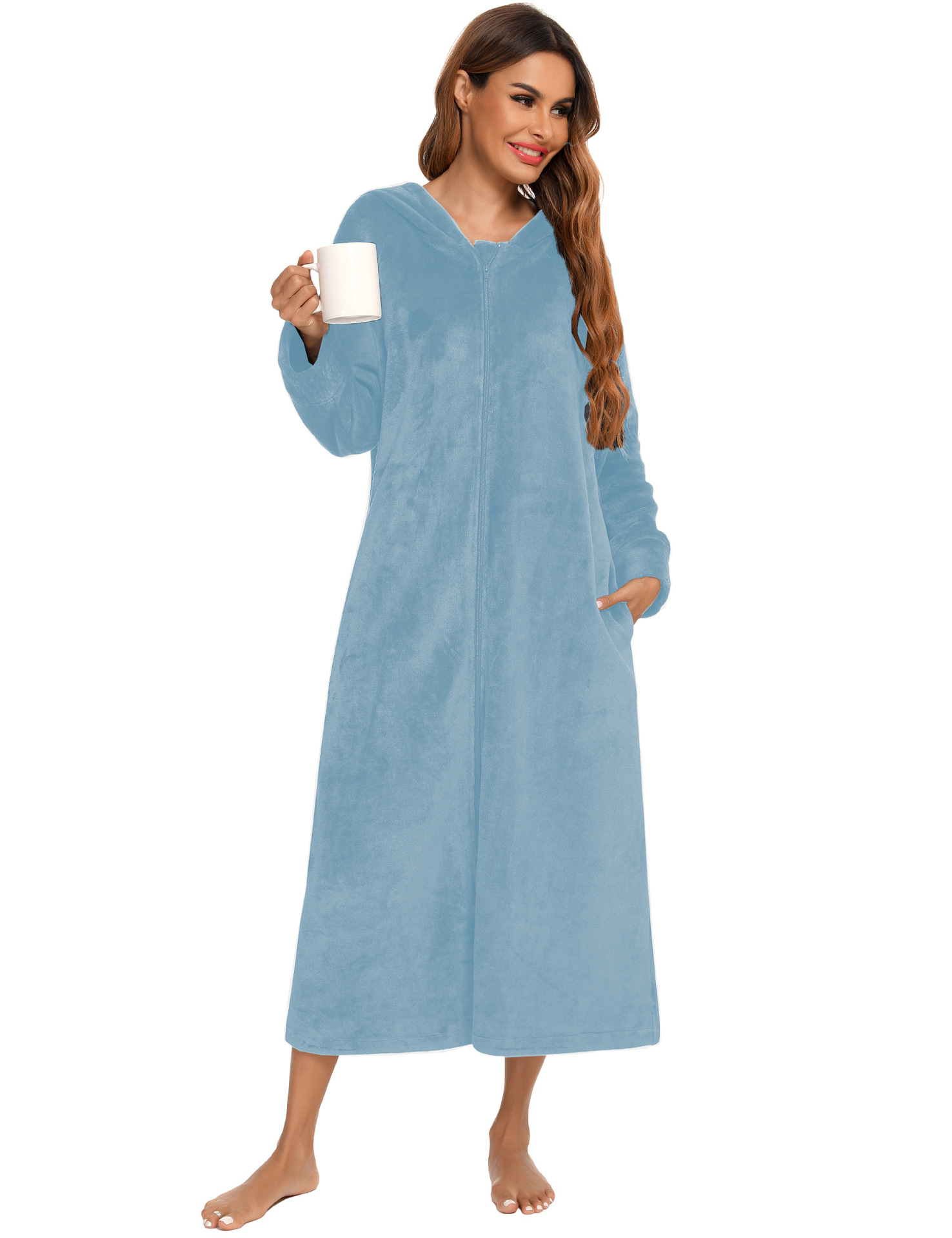 Flannel Pajamas New Long-Sleeved Zipper Nightgown Home Clothes