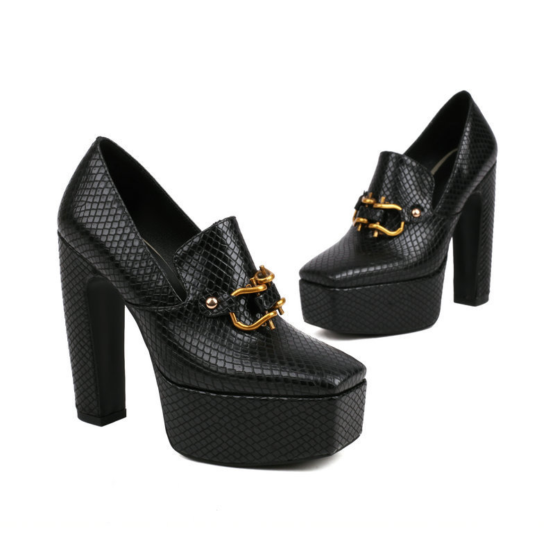 High Heels, Snake Print Square Toe, Thick Sole, Chunky Heel Women's Shoes