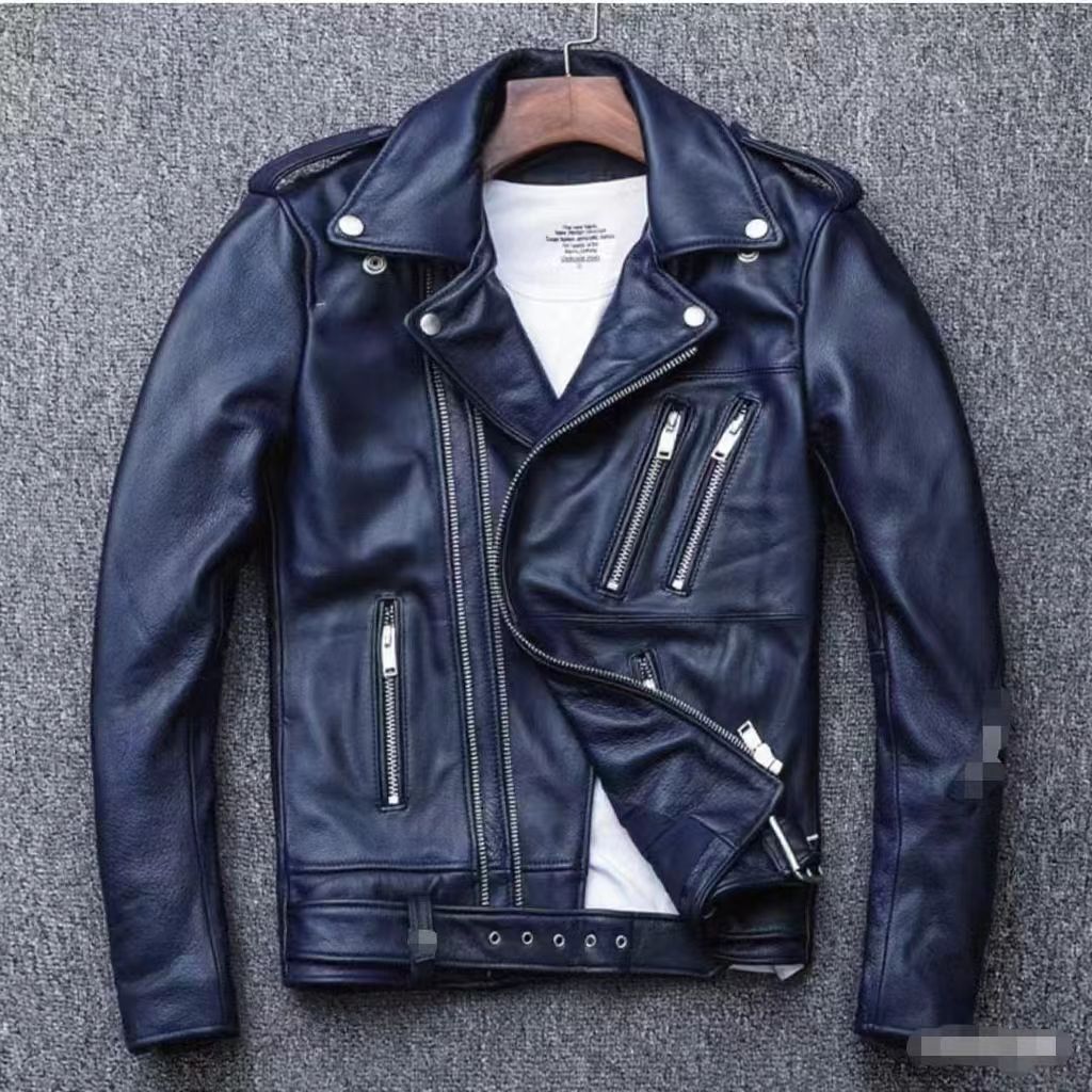 Men's leather jacket with water-washed finish, motorcycle-style men's leather jacket