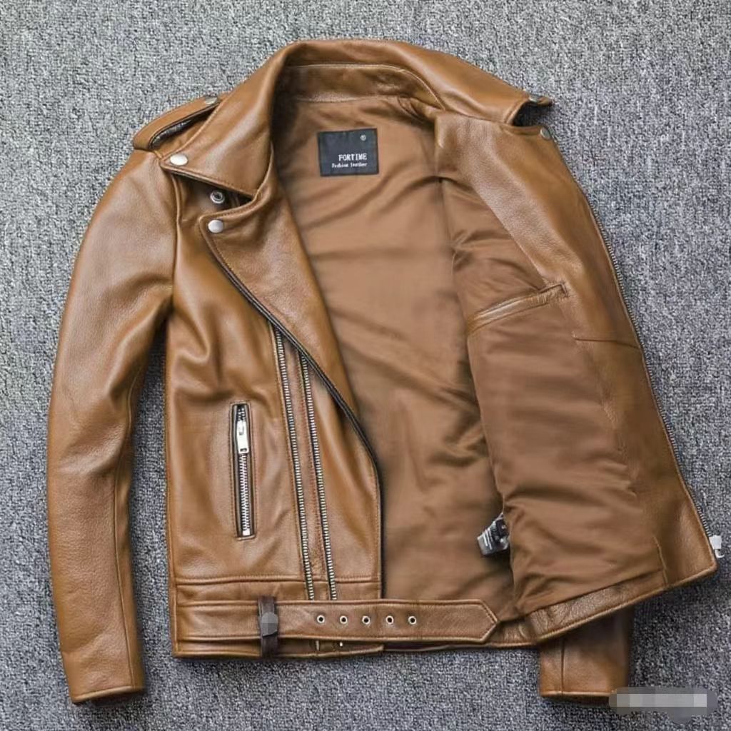 Men's leather jacket with water-washed finish, motorcycle-style men's leather jacket