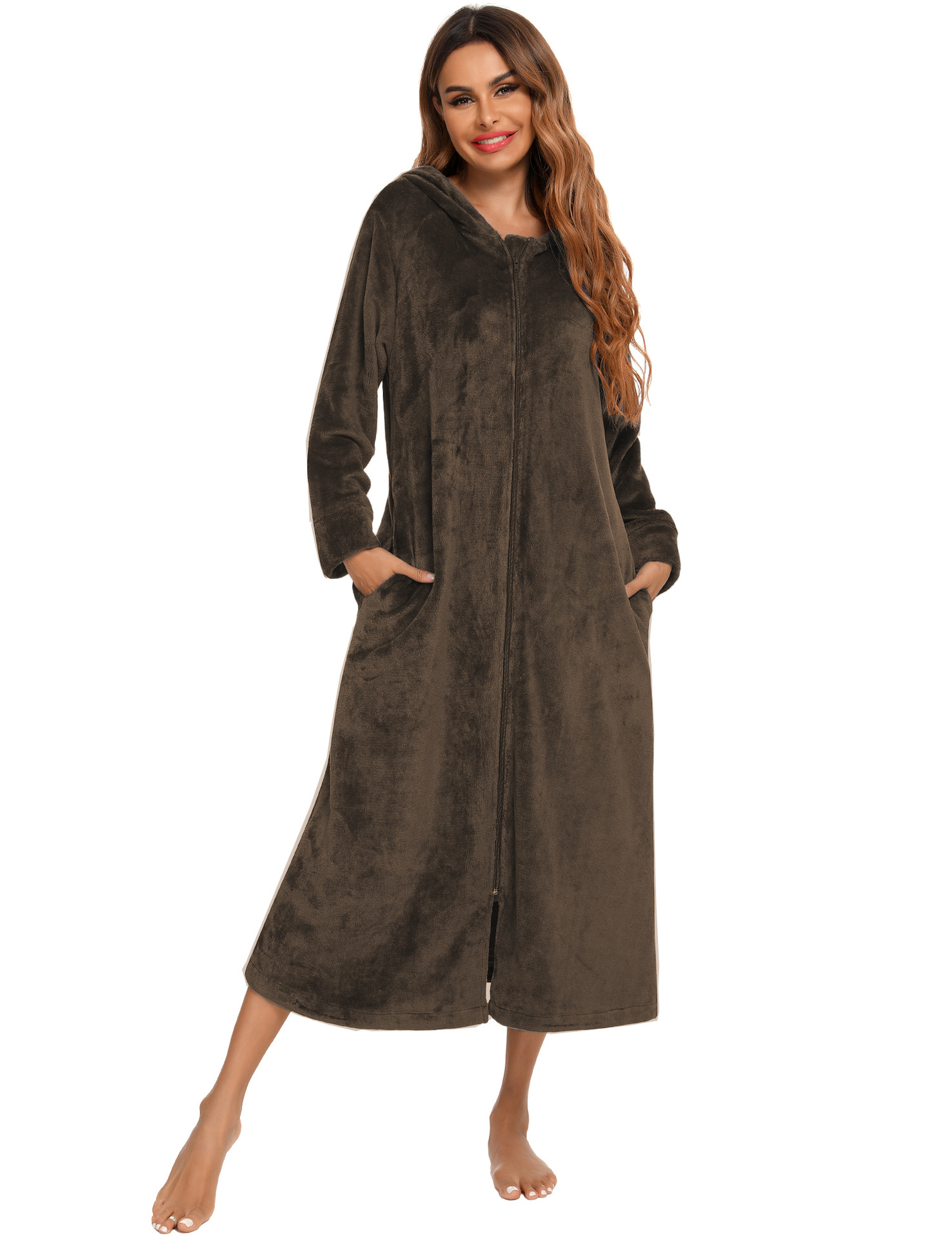 Flannel Pajamas New Long-Sleeved Zipper Nightgown Home Clothes