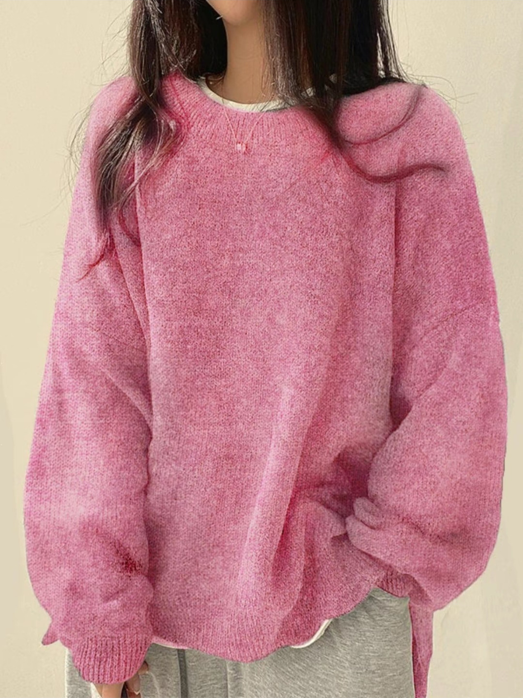 Casual Versatile Solid Color Slit Pullover Loose Long-Sleeve Women's Sweater