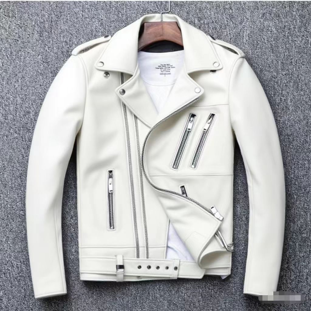 Men's leather jacket with water-washed finish, motorcycle-style men's leather jacket