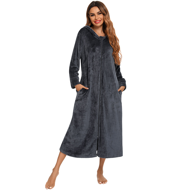 Flannel Pajamas New Long-Sleeved Zipper Nightgown Home Clothes
