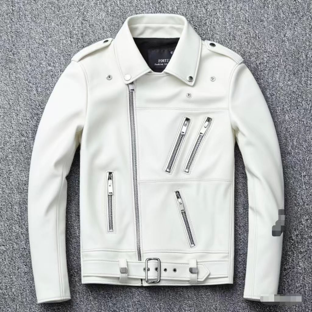 Men's leather jacket with water-washed finish, motorcycle-style men's leather jacket