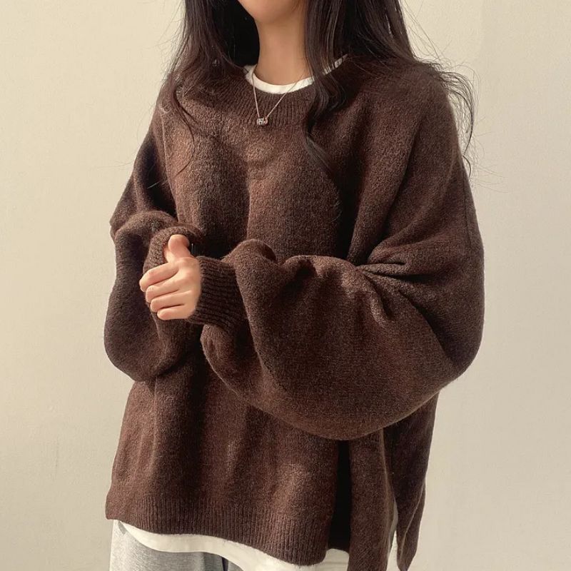Casual Versatile Solid Color Slit Pullover Loose Long-Sleeve Women's Sweater