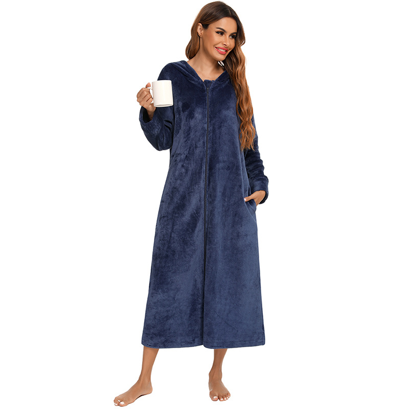 Flannel Pajamas New Long-Sleeved Zipper Nightgown Home Clothes