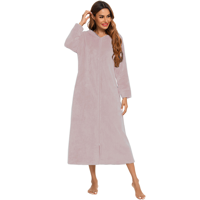 Flannel Pajamas New Long-Sleeved Zipper Nightgown Home Clothes
