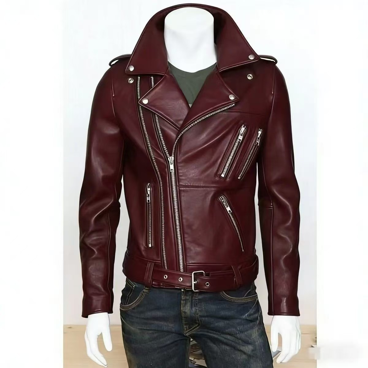 Men's leather jacket with water-washed finish, motorcycle-style men's leather jacket