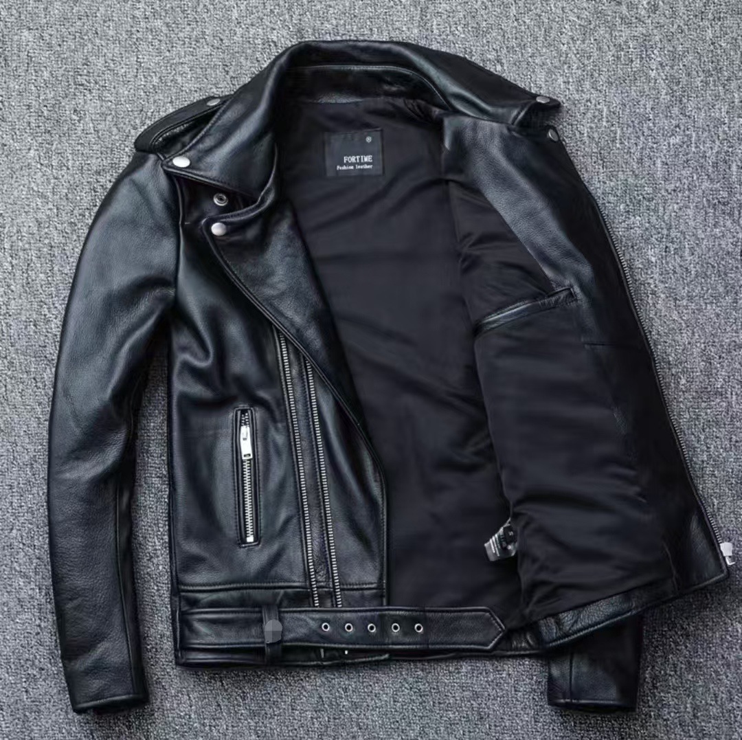 Men's leather jacket with water-washed finish, motorcycle-style men's leather jacket