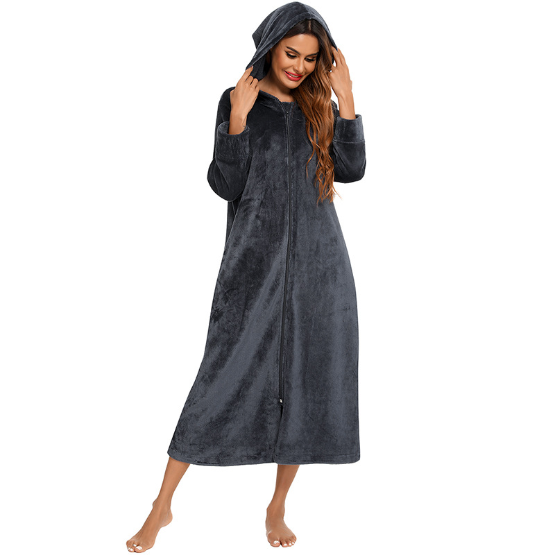 Flannel Pajamas New Long-Sleeved Zipper Nightgown Home Clothes