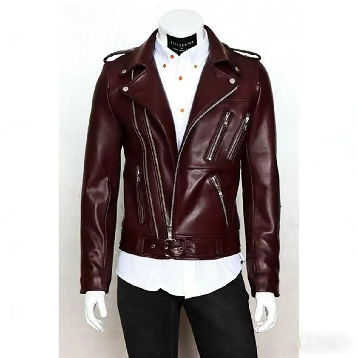 Men's leather jacket with water-washed finish, motorcycle-style men's leather jacket
