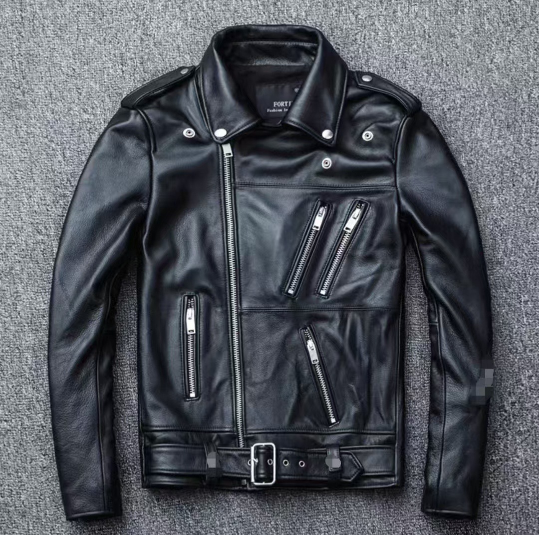 Men's leather jacket with water-washed finish, motorcycle-style men's leather jacket