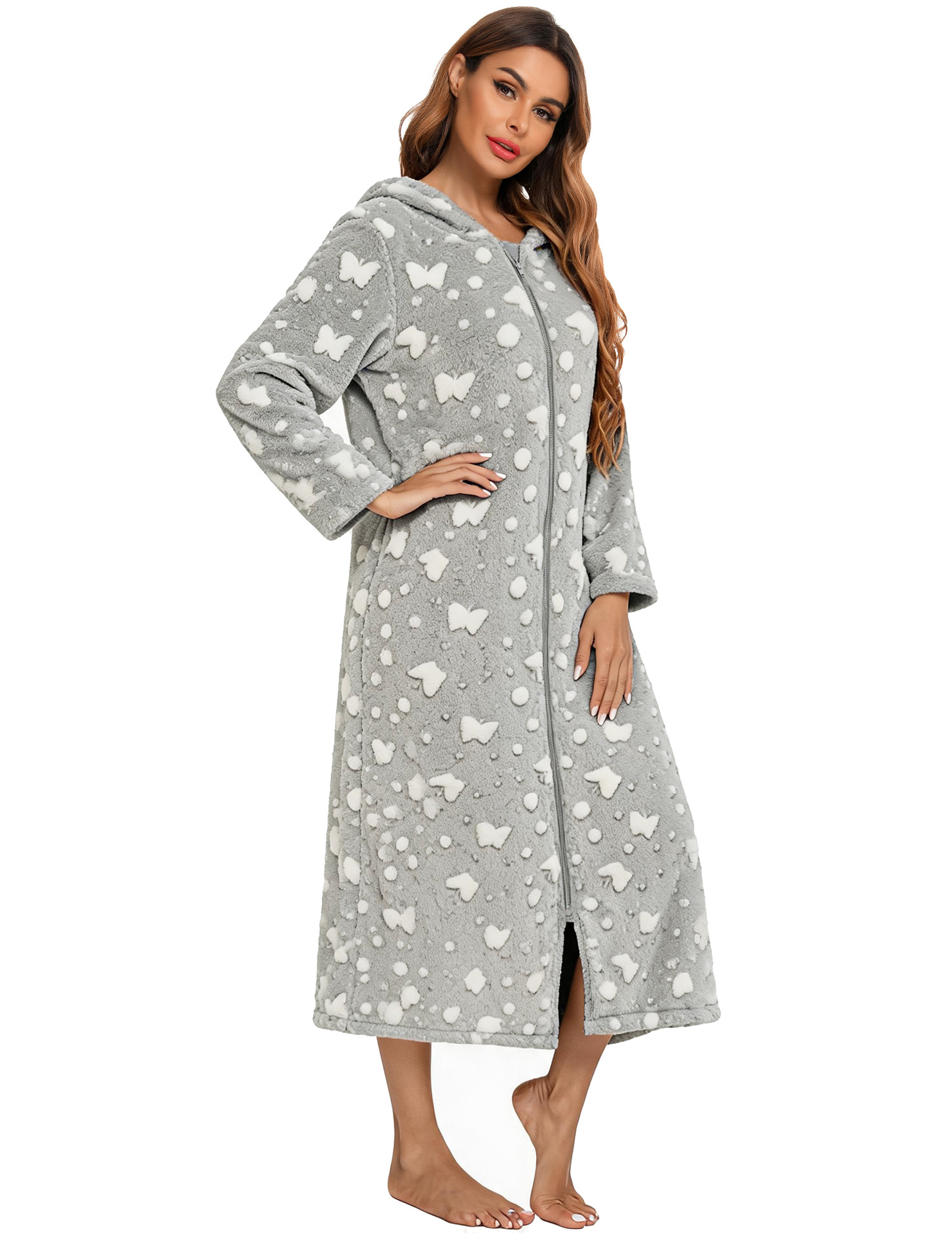 Flannel Pajamas New Long-Sleeved Zipper Nightgown Home Clothes